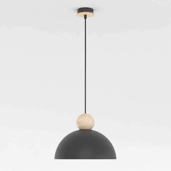 Lampada a sospensione Kaki in acciaio nero opaco e legno