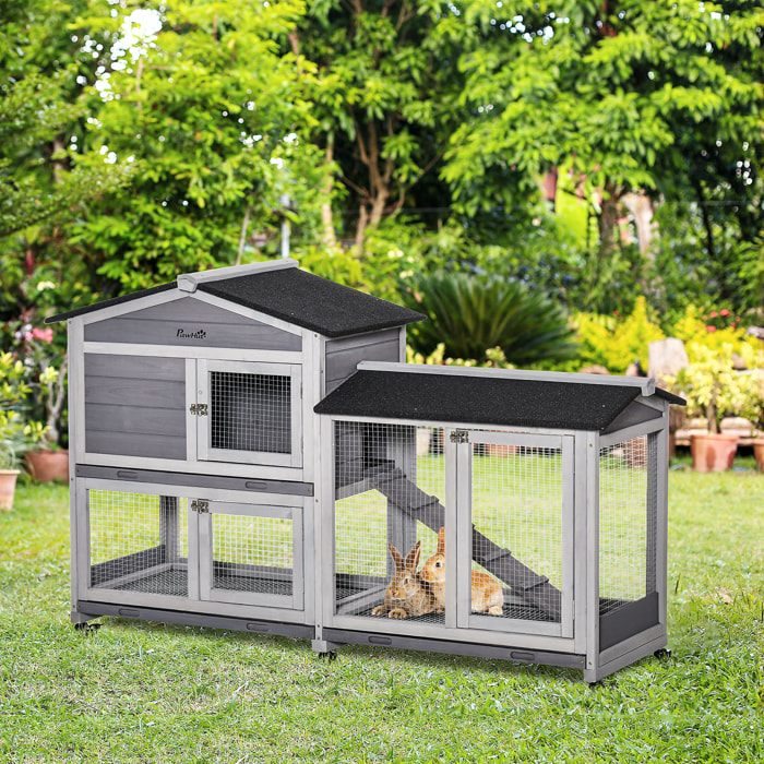 Conejera de Madera 157,4x53x99,5 cm Jaula para Conejos Grande con Ruedas Techo Asfáltico Bandeja Extraíble y Rampa para Exterior Gris
