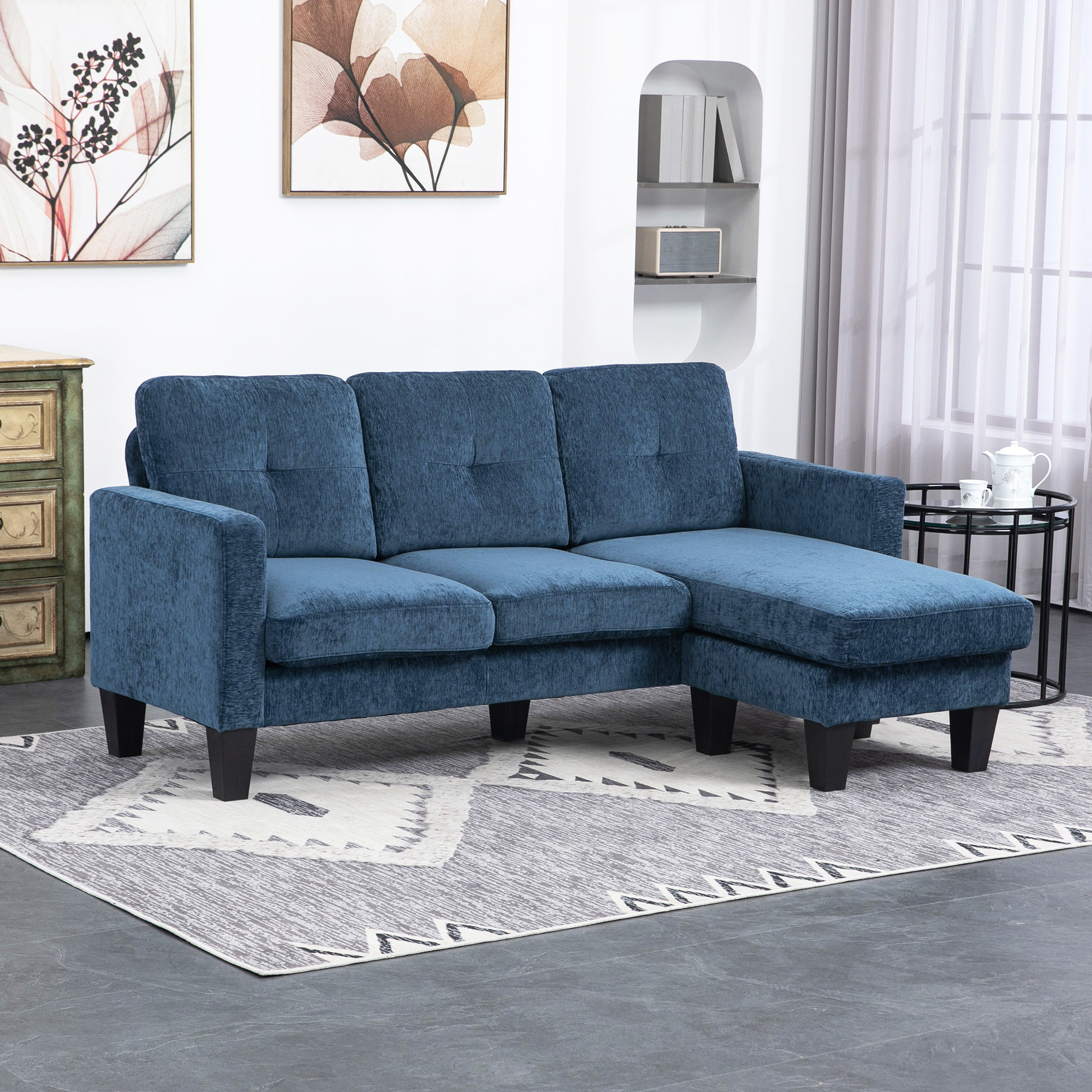 Sofá Esquinero Sofá en Forma de L Tapizado en Poliéster Chaise Longue Reversible con 3 Cojines para Salón Carga 180 kg 186x130x84 cm Azul