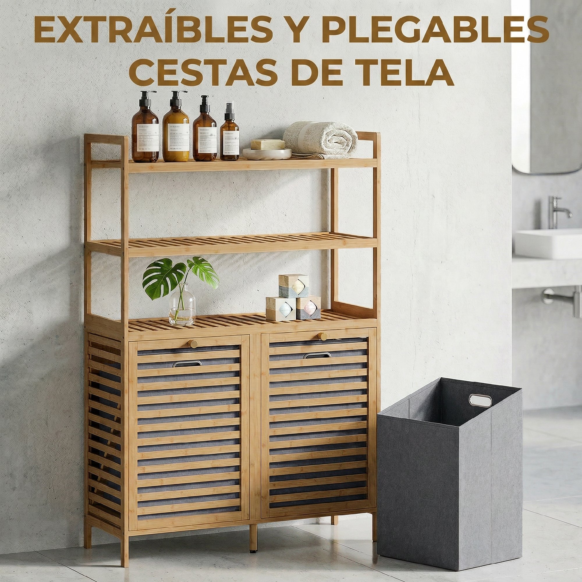 Mueble Ropa Sucia de Bambú, 2 en 1, Mueble de Baño con 2 Cestos para Ropa Sucia Inclinables 38,7 L y 3 Estantes, para Cocina, Salón, 80x30x118 cm, Roble