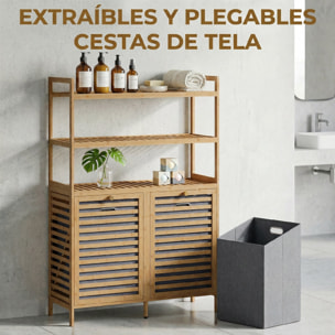 Mueble Ropa Sucia de Bambú, 2 en 1, Mueble de Baño con 2 Cestos para Ropa Sucia Inclinables 38,7 L y 3 Estantes, para Cocina, Salón, 80x30x118 cm, Roble