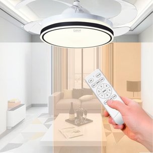Ventilatore da soffitto L433 da 107 cm, pale retrattili, motore DC da 30 W, luce LED dimmerabile da 60 W, 6 velocità, modalità estate/inverno. Telecomando incluso.
