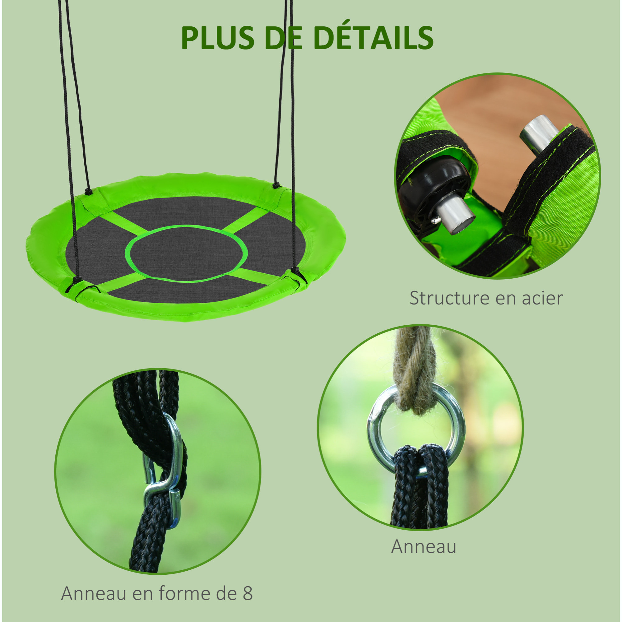 Balançoire nid d'oiseau ronde balançoire panier Ø 110 cm 4 anneaux inclus métal époxy Oxford haute densité vert