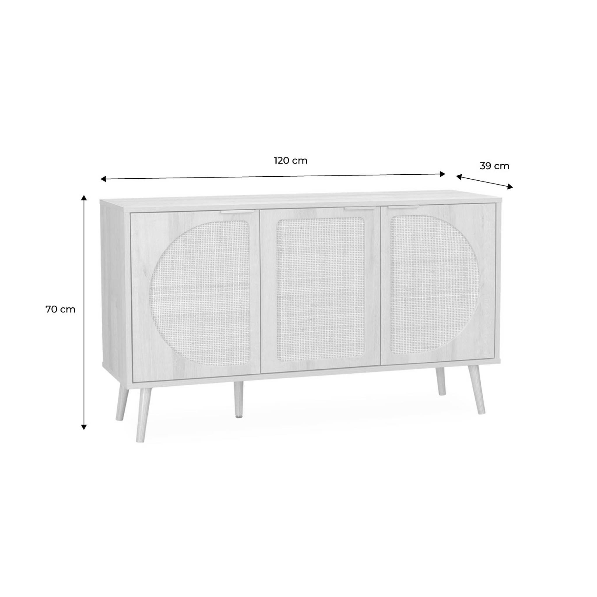 Buffet de rangement. Eva. cannage arrondis et décor bois. trois portes. deux niveaux . buffet bas. L 120 x l39 x H70cm