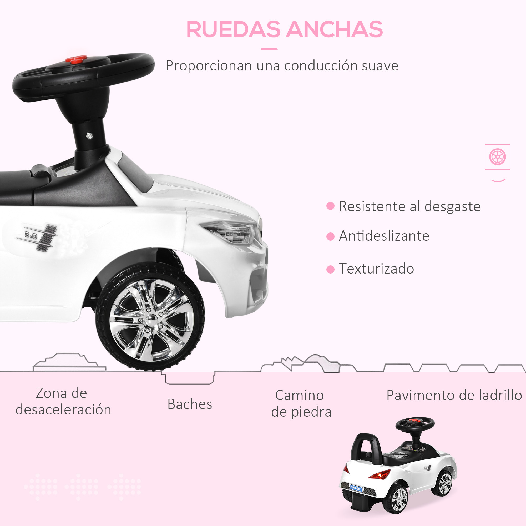 Coche Correpasillos para Niños 18-36 Meses con Faros Música 63,5x28x36 cm Blanco