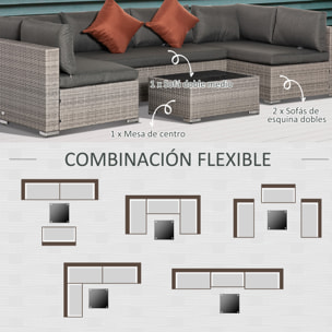 Conjunto de Muebles de Jardín de Ratán 4 Piezas Mesa de Centro de Vidrio Sofá Doble y 2 Sofás Esquineros con Cojines Desenfundables para Terraza Exterior Gris
