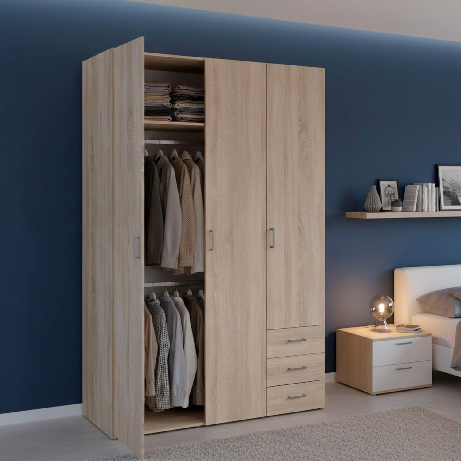 Armadio Con 3 Ante E 3 Cassetti Multiuso Per Abiti Indumenti Design Moderno Capiente Vano Appendiabiti Ripiani Interni 115.8 x 49.5 x 200.4 Cm Rovere