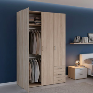 Armadio Con 3 Ante E 3 Cassetti Multiuso Per Abiti Indumenti Design Moderno Capiente Vano Appendiabiti Ripiani Interni 115.8 x 49.5 x 200.4 Cm Rovere