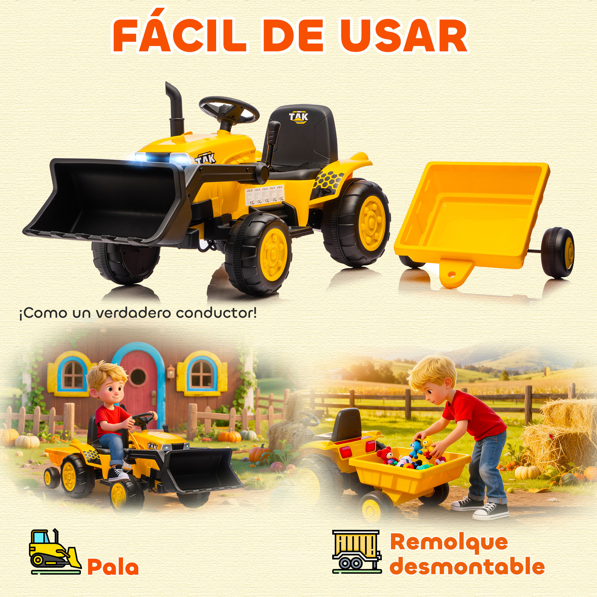Tractor Eléctrico para Niños con Remolque Desmontable y Pala, Tractor de Juguete de Batería 12V, Motor Doble, Control Remoto 2,4G, Luces, Música, Conexión Inalámbrica, USB para Niños +3 Años