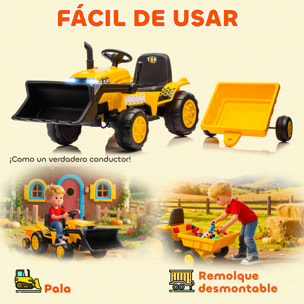 Tractor Eléctrico para Niños con Remolque Desmontable y Pala, Tractor de Juguete de Batería 12V, Motor Doble, Control Remoto 2,4G, Luces, Música, Conexión Inalámbrica, USB para Niños +3 Años