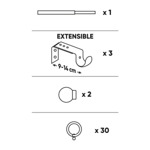 Tringle à rideau ø19mm Lierre Argent 160-300cm