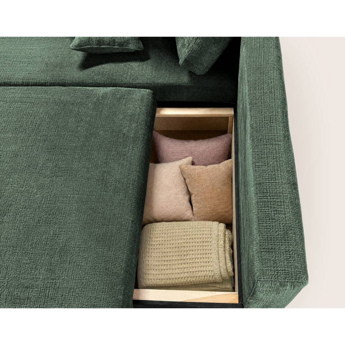 Miro - Canapé d'angle gauche 4 places convertible avec coffre en velours texturé - Vert