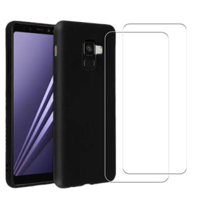 Coque Samsung Galaxy A8 2018 Silicone liquide Noire + 2 Vitres en Verre trempé Protection écran Antichocs