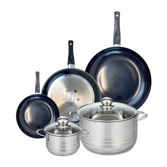 Ensemble de 3 Poêles de cuisson 20, 28 et 32 cm et 2 faitouts 14 et 24 cm Elo Prima Brillant