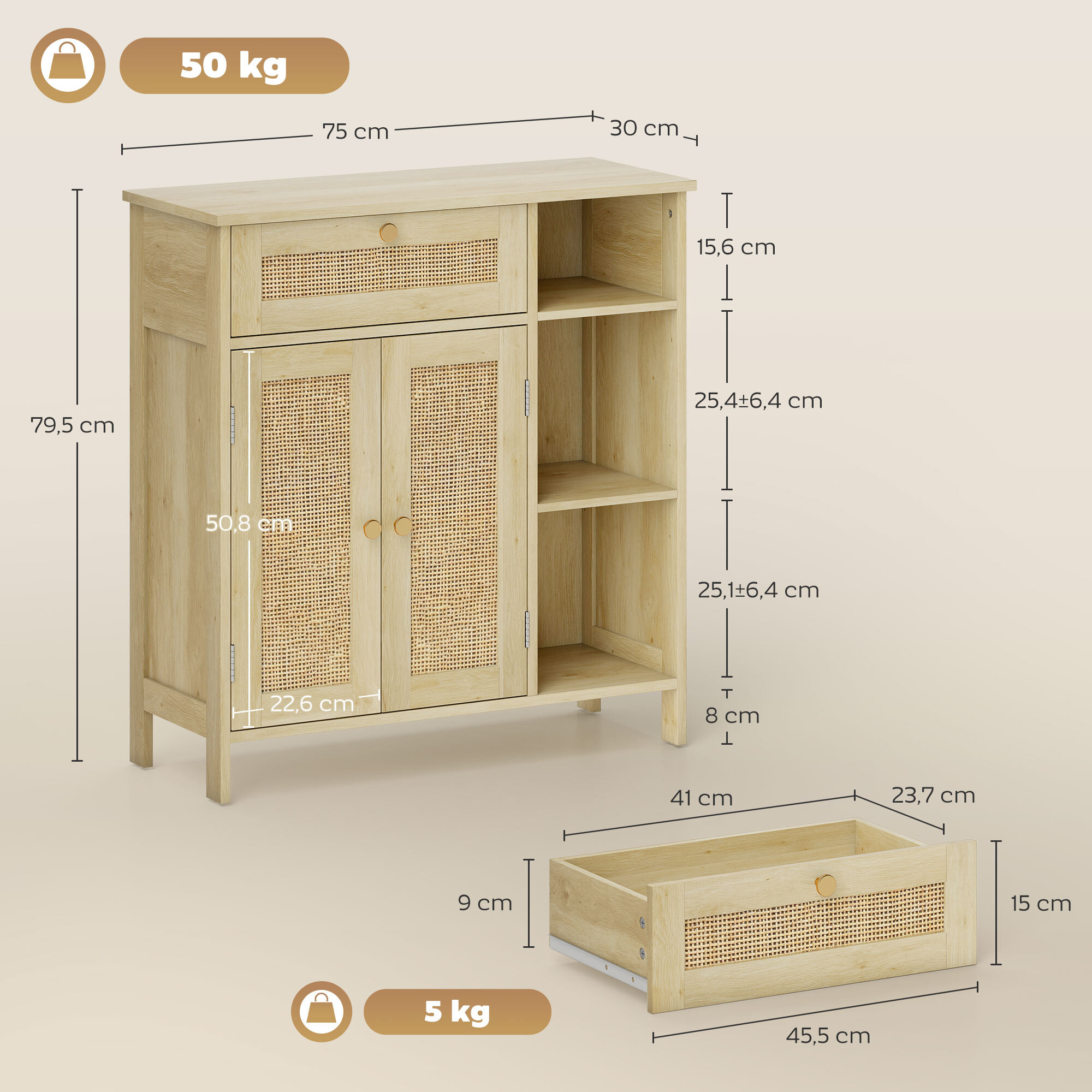 Buffet style bohème naturel - 2 portes, étagère, 3 niches, tiroir - rotin effet bois clair