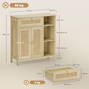 Buffet style bohème naturel - 2 portes, étagère, 3 niches, tiroir - rotin effet bois clair