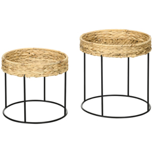 Lot de 2 tables gigognes tables basses rondes style bohème plateau en jacinthe d'eau tressée et piètement rond en acier noir