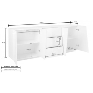 Credenza moderna a 4 ante e 3 cassetti, Made in Italy, Madia da cucina, Buffet di design da soggiorno, cm 220x43h86, colore Bianco lucido