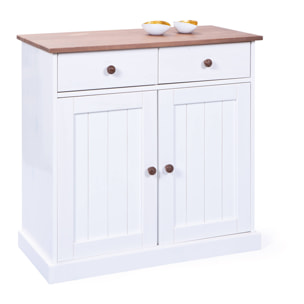 Credenza a due ante e due cassetti, colore bianco e marrone, cm 90 x 86 x 45.