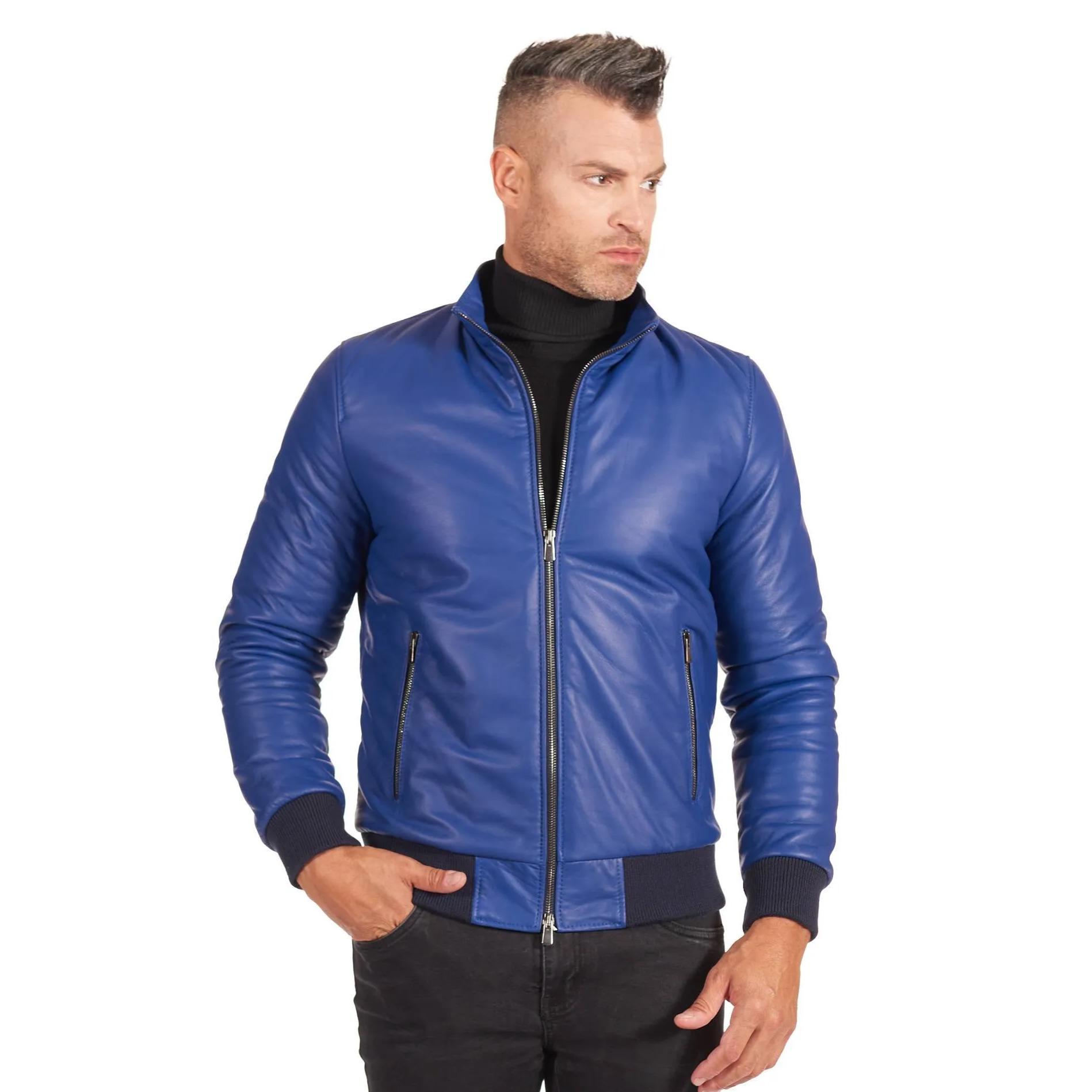 Giubbotto Bomber in pelle bluette naturale effetto liscio