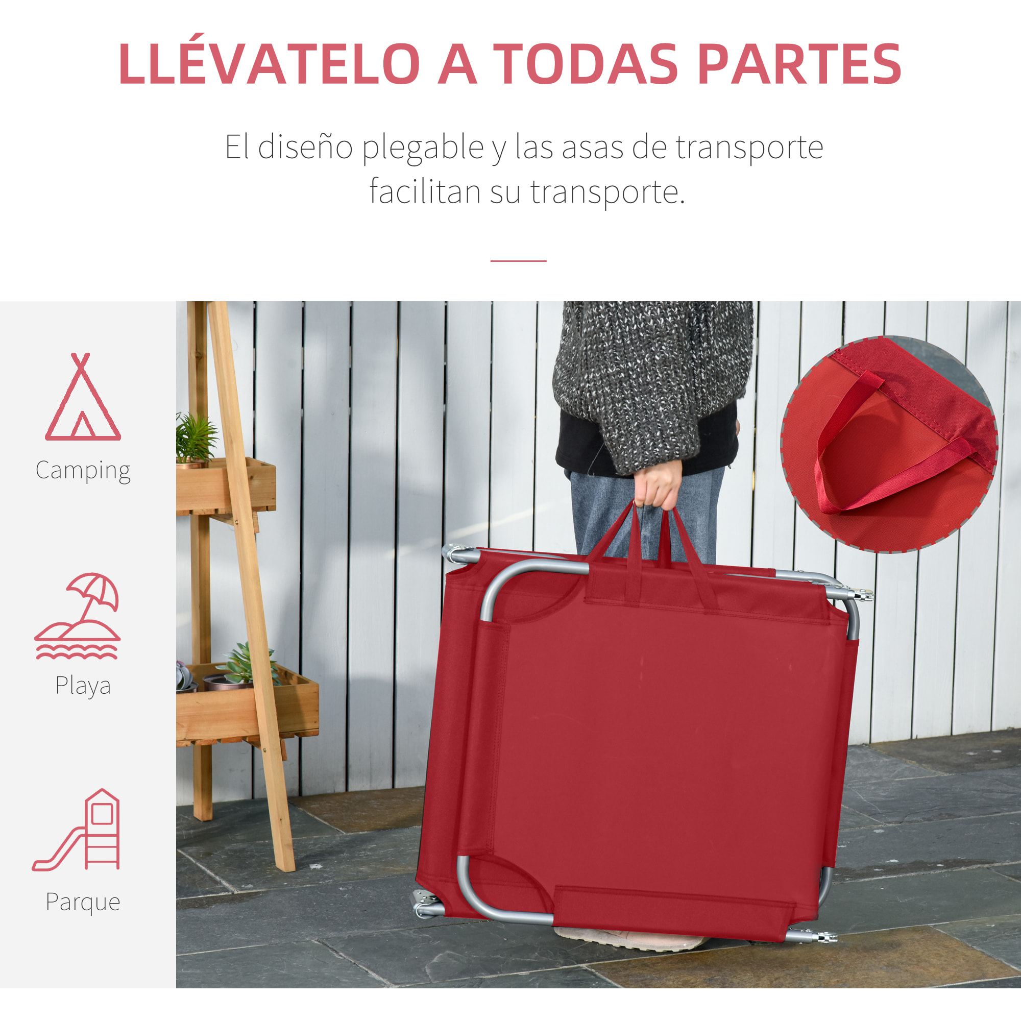 Tumbona Plegable Tumbona Jardín Exterior con Respaldo Ajustable en 5 Posiciones y Estructura Metálica Carga 120 kg para Terraza Piscina Playa 180x55x24 cm Burdeos