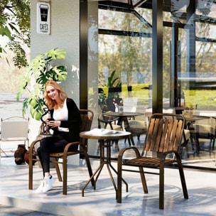 Conjunto Jardín Exterior de 3 Piezas Juego de Muebles de Jardín con 2 Sillas Apilables Mesa con Encimera de Vidrio Templado y Estructura de Acero para Terraza Patio Balcón Marrón Oscuro