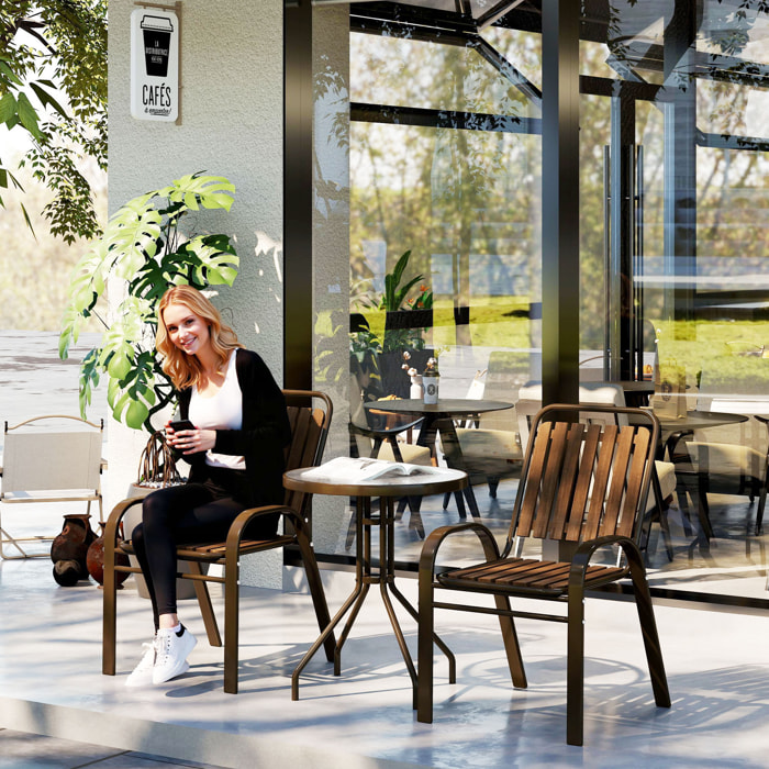 Conjunto Jardín Exterior de 3 Piezas Juego de Muebles de Jardín con 2 Sillas Apilables Mesa con Encimera de Vidrio Templado y Estructura de Acero para Terraza Patio Balcón Marrón Oscuro