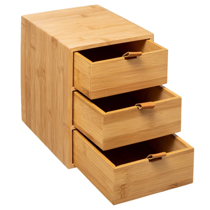 Boîte 3 tiroirs bambou lanières cuir