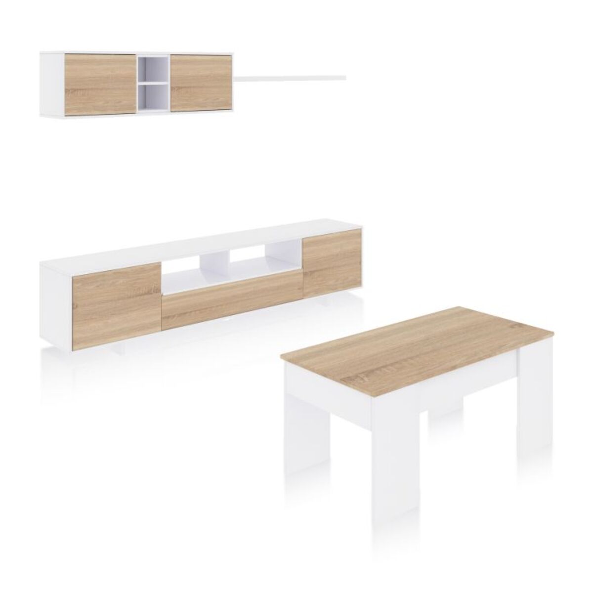 Pack salón con mesa de centro Kenzo Plus V2 Blanco Brillo - Roble Canadian