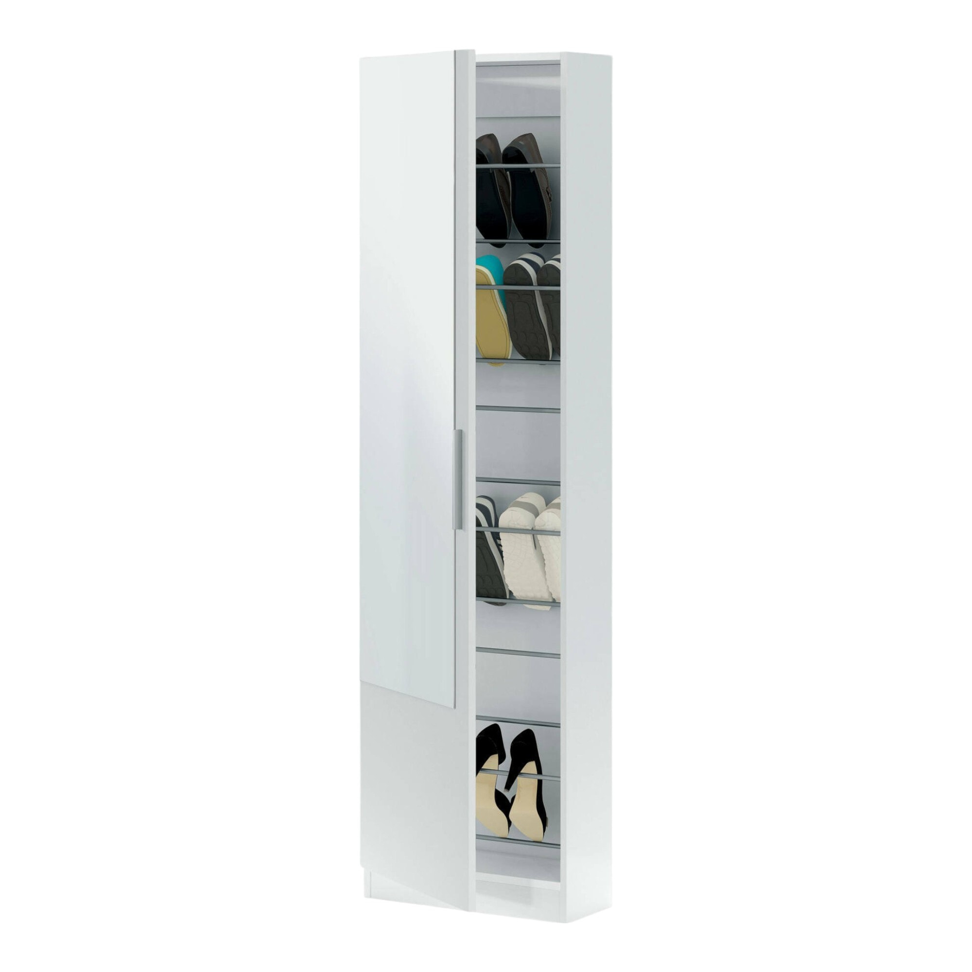 Scarpiera Euro, Armadio portascarpe alta a 1 anta, Mobile portascarpe moderno, Armadio da ingresso con specchio, 50x22h180 cm, Bianco