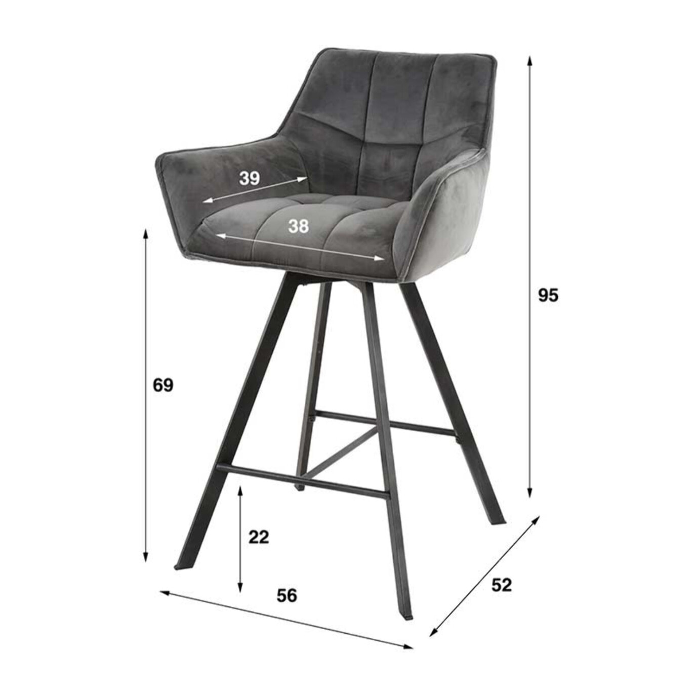 Hatti - lot de 2 tabourets de bar pivotants - en velours gris - Gris