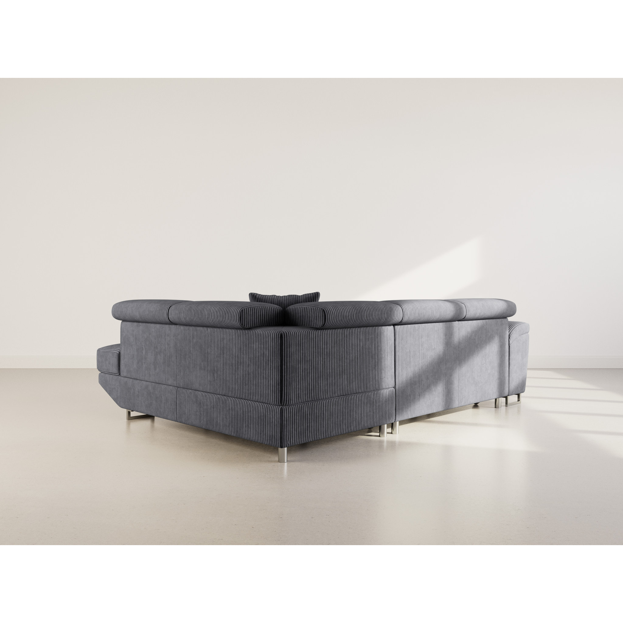 Baoji - Canapé d'angle droit 5 places convertible avec têtières et coffre en velours côtelé - Gris