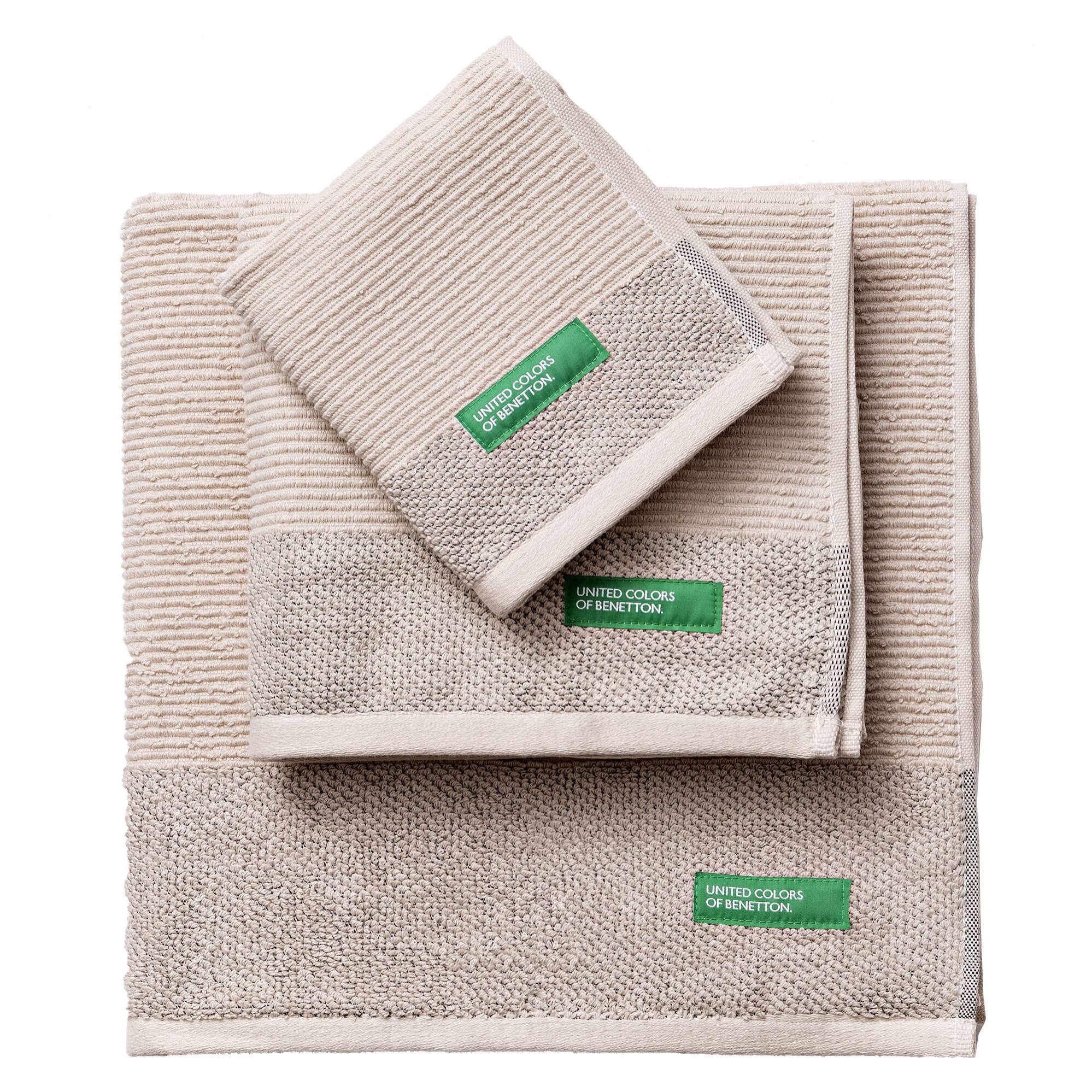 Set de 4 juegos de 3 toallas (4x 30x50cm + 4x 50x90cm + 4x 70x140cm) 450gsm de 100% algodón - verde, gris, gris oscuro y beige benetton