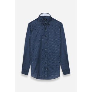 camicia uomo 1 bottone button down slim Popeline Stampato Blu/Grigio Chiaro