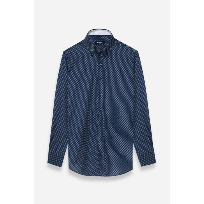 camicia uomo 1 bottone button down slim Popeline Stampato Blu/Grigio Chiaro