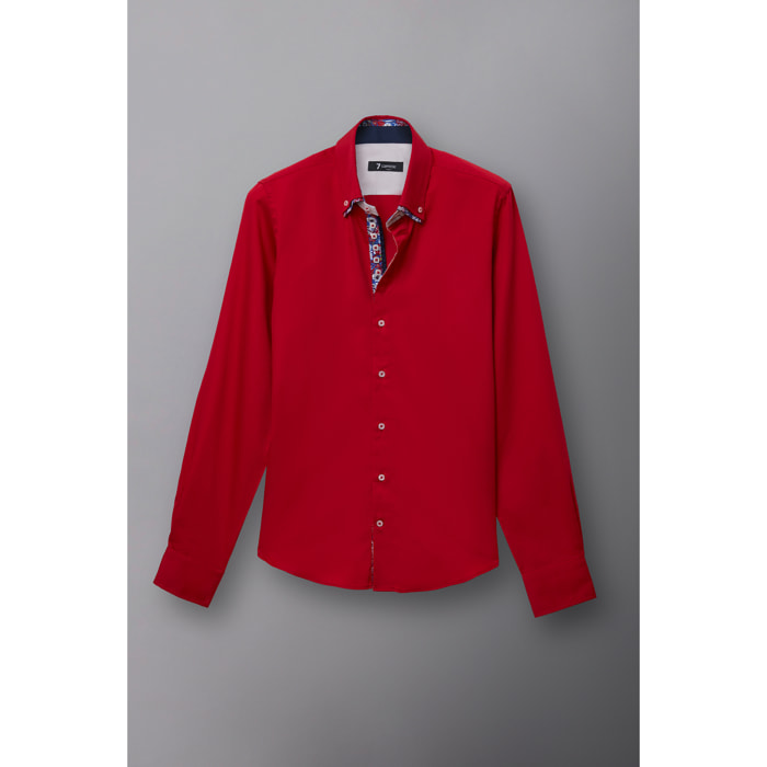 Camicia Uomo 2 Bottoni Button Down 7bottoni Doppio Coll Satin Unito Rosso