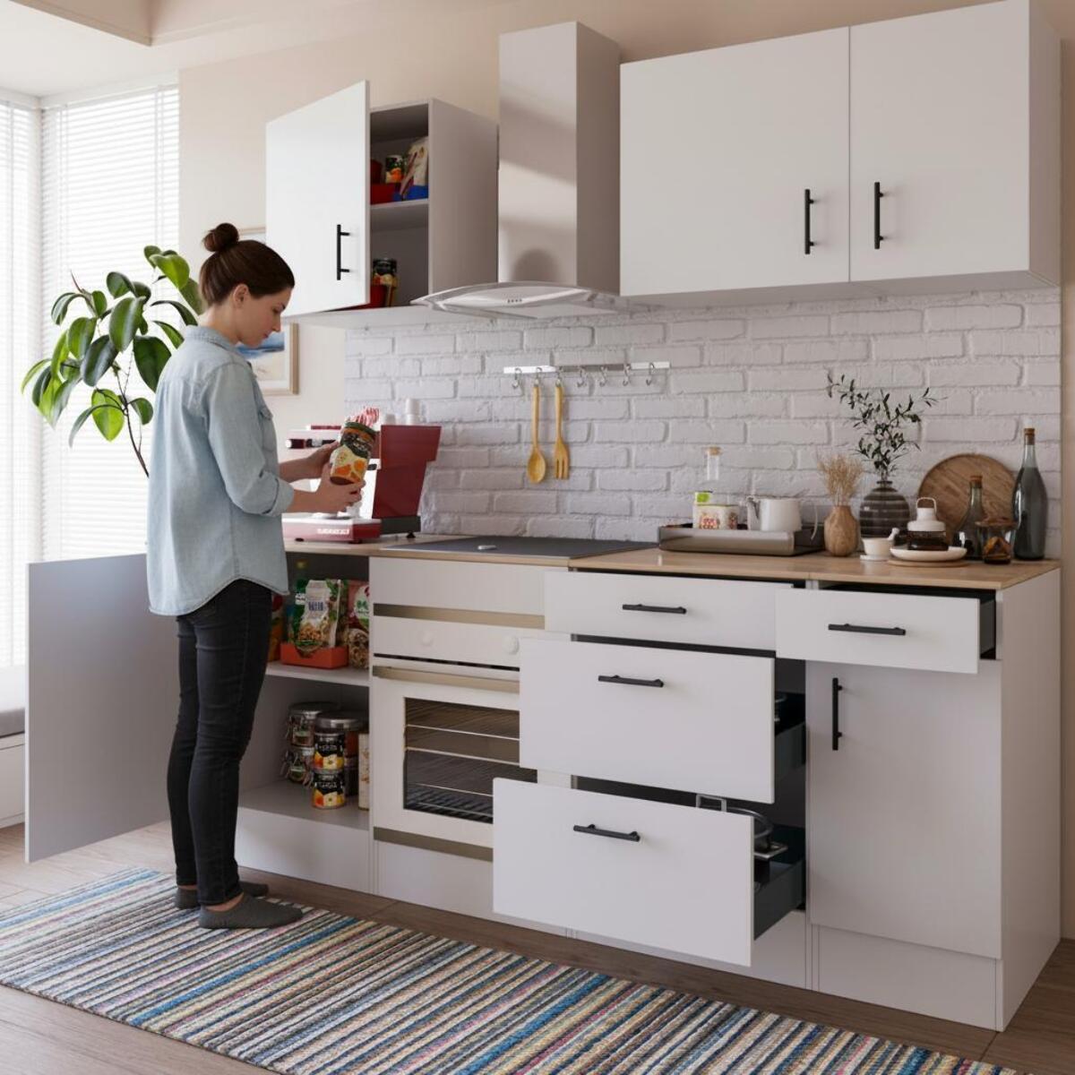 Cucina Componibile Completa Da 220 Cm Moderna con Cassetti Ammortizzati Piedini Regolabili Moduli Pensili Facile Da Installare Bianco Lucido e Rovere