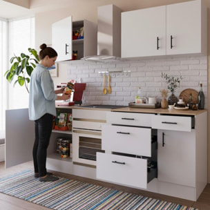 Cucina Componibile Completa Da 220 Cm Moderna con Cassetti Ammortizzati Piedini Regolabili Moduli Pensili Facile Da Installare Bianco Lucido e Rovere