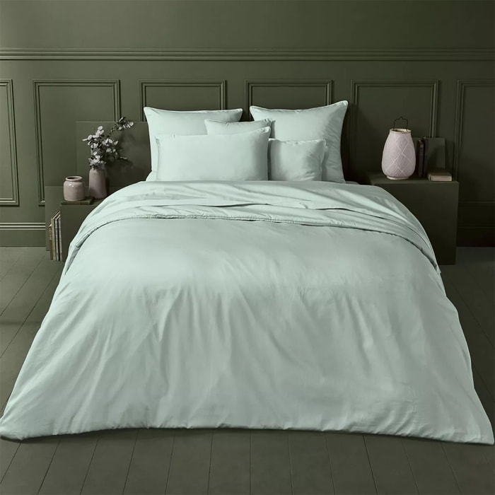 Housse de couette satin de coton uni bleu Ava uni lagon