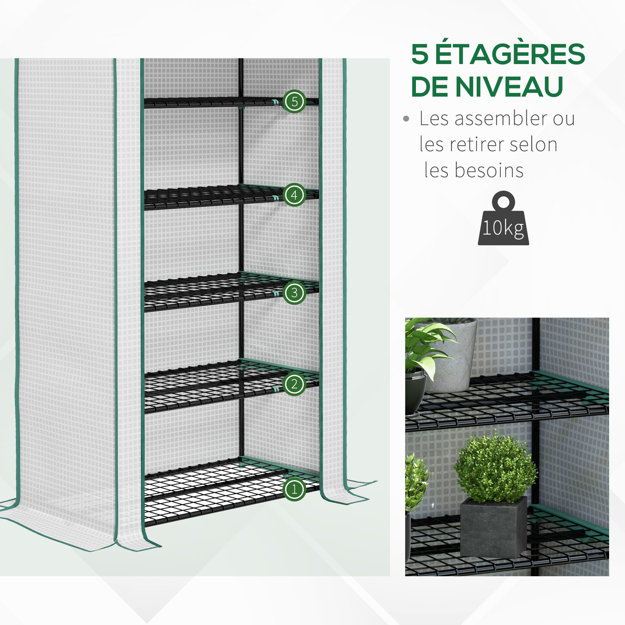 Serre de jardin balcon 5 niveaux porte acier PE blanc