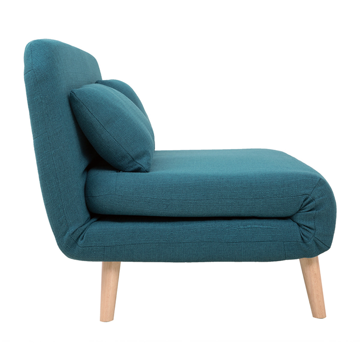 Chauffeuse 2 places convertible en tissu bleu canard et bois clair AMIKO