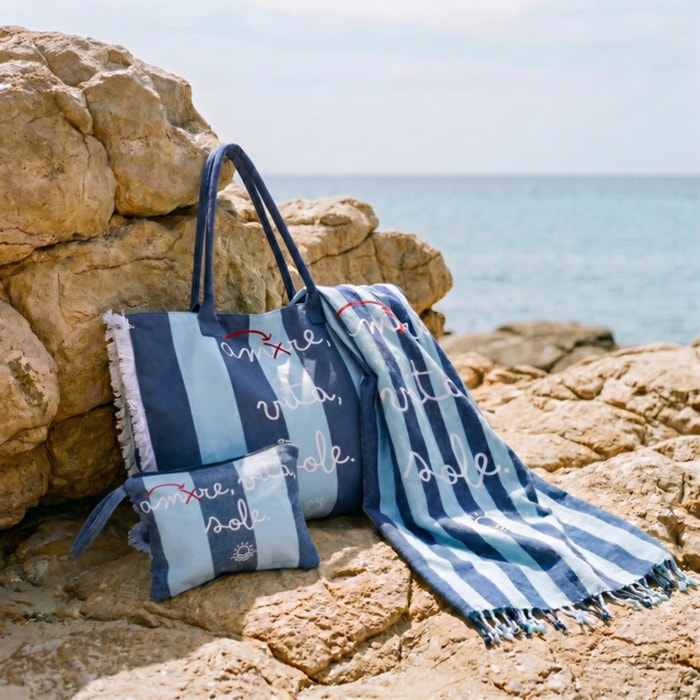 Set Mare Donna 3 Pezzi, Telo Mare con Borsa e Pochette Coordinata, Shopper Mare XL con Zip, Telo Maxi in Cotone con Frange, Accessori Mare Eleganti per Spiaggia Piscina Vacanze Resort