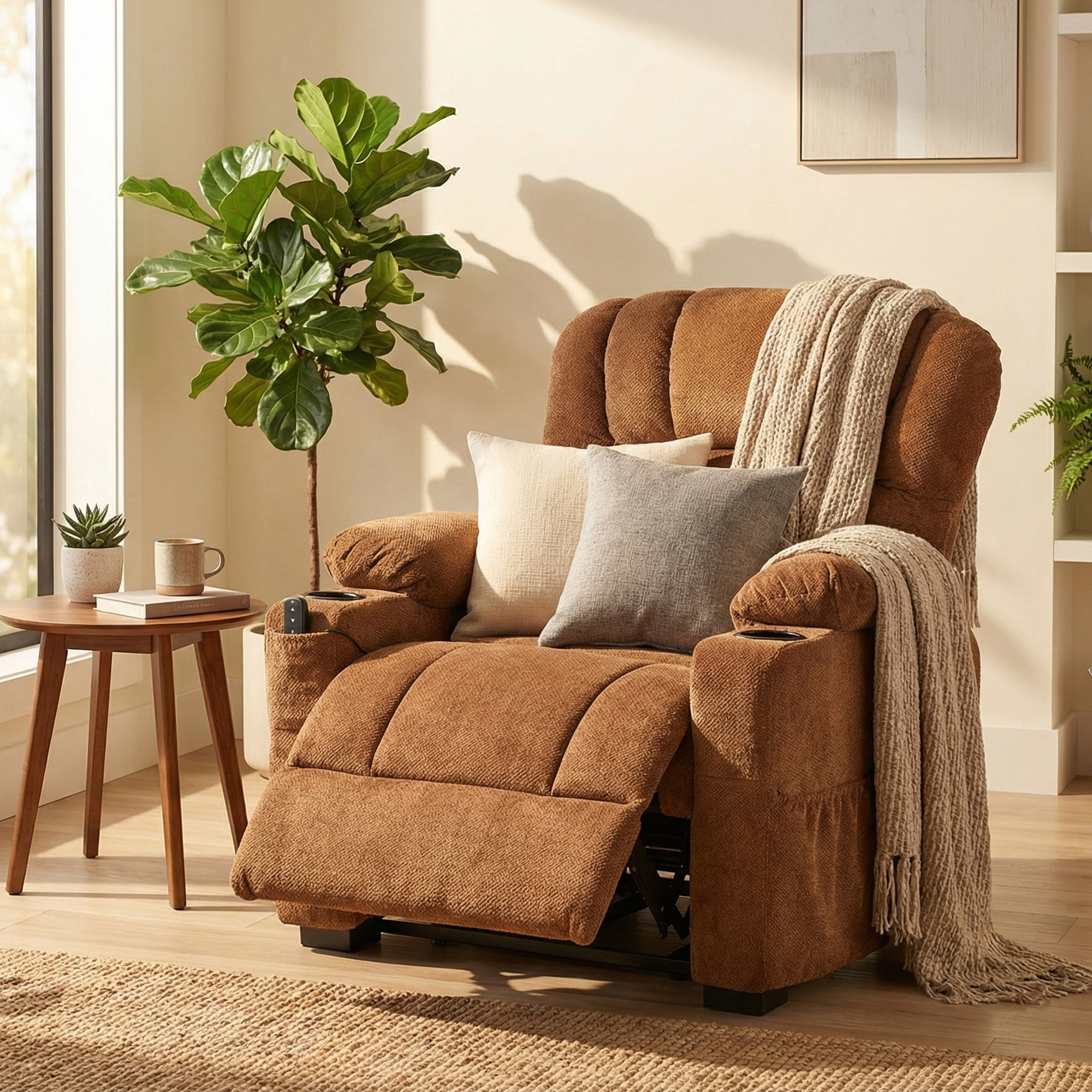 Sillón Relax Reclinable Eléctrico, Sillón Reclinable Silencioso de Terciopelo con Función Memoria, Reposapiés, Mando a Distancia, Bolsillos, Puerto USB, Portavasos, Respaldo Concha