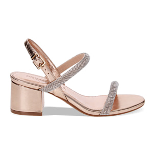 Sandali rosa-oro in laminato con pietre, tacco 5,5 cm
