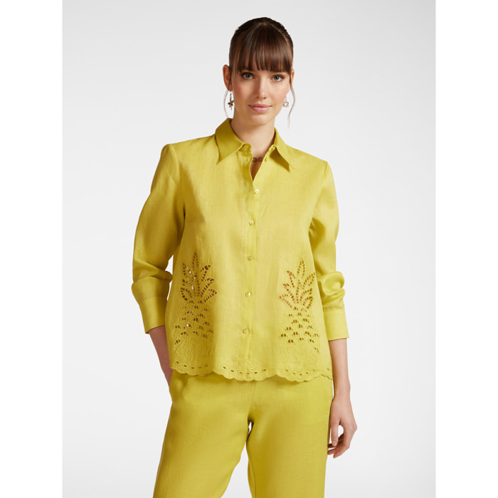 Elena Mirò - Camisa de lino con bordado calado - Verde
