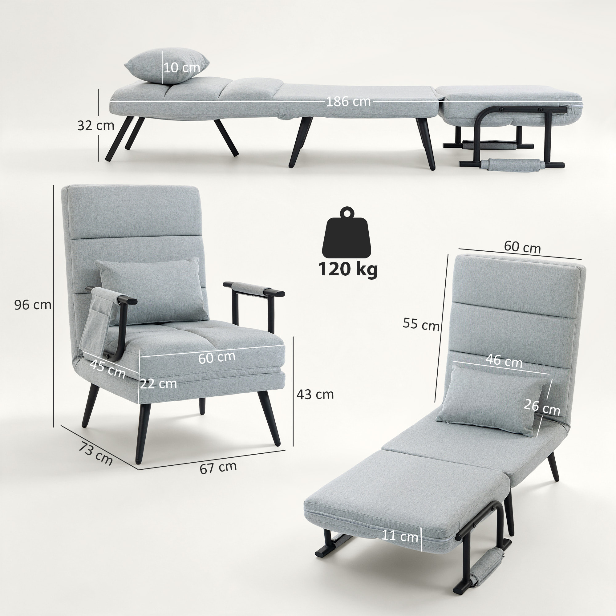 Sofá Cama 1 Plaza Convertible, 3 en 1, Sillón Cama Plegable, Tapizado en Lino, Respaldo Ajustable, Almohada con Funda Lavable, para Salón, Dormitorio, 67x73x96 cm, Gris Claro