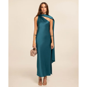 Vestido midi satinado con escote asimétrico y lazada