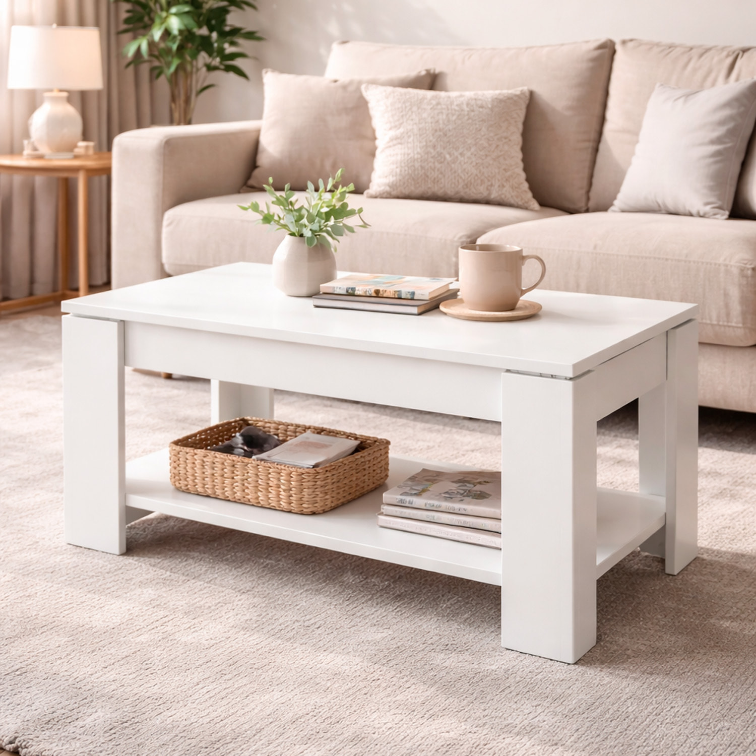 Tavolino Da Caffè Sollevabile Tavolo Da Salotto Rialzabile Salvaspazio Per Mangiare O Lavorare Dal Divano Con Piano Rialzabile 102 x 50 x 43 Cm Bianco