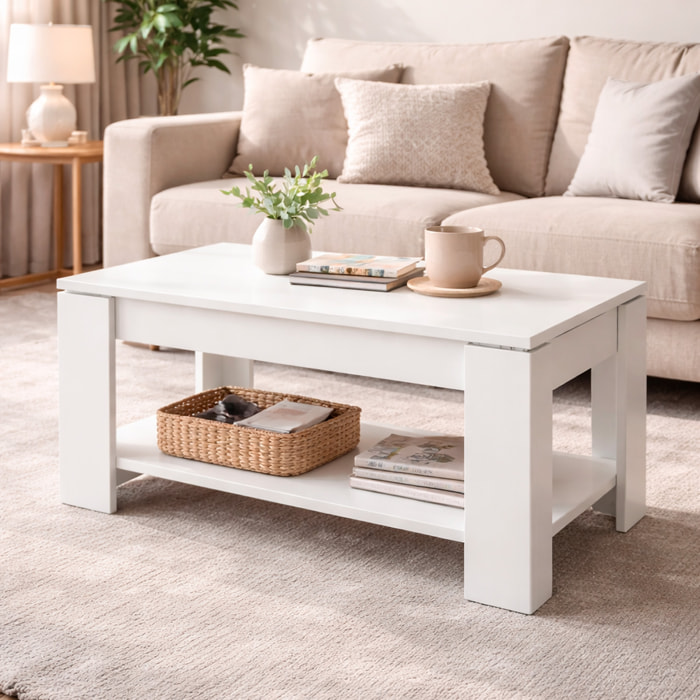 Tavolino Da Caffè Sollevabile Tavolo Da Salotto Rialzabile Salvaspazio Per Mangiare O Lavorare Dal Divano Con Piano Rialzabile 102 x 50 x 43 Cm Bianco