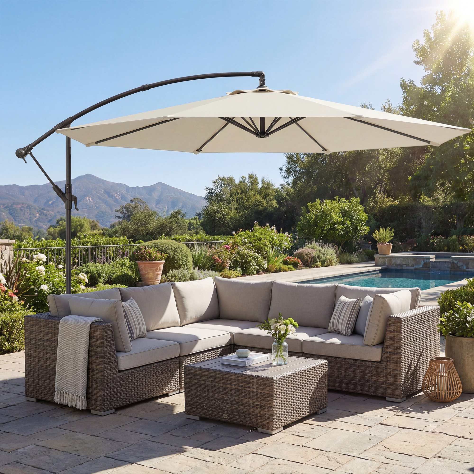 Parasol Excéntrico, Ø300 cm, Sombrilla de Jardín con Base Cruzada, Toldo Ajustable, Manivela, 8 Barras, UPF30+, para Terraza, Patio, Exterior, Blanco Crema